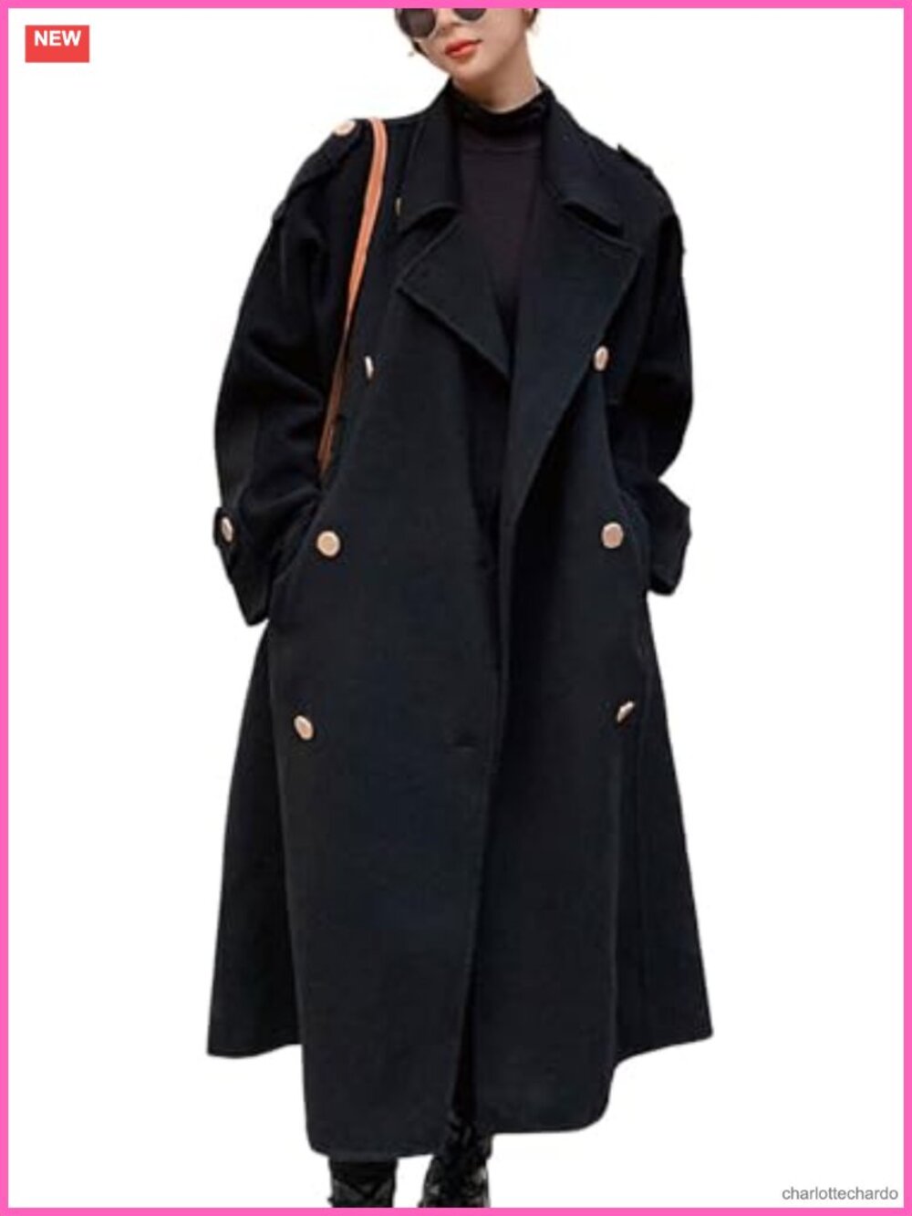 Women's Midi Long Wool Pea Coat Double Breasted Notch Lapel Winter Trench